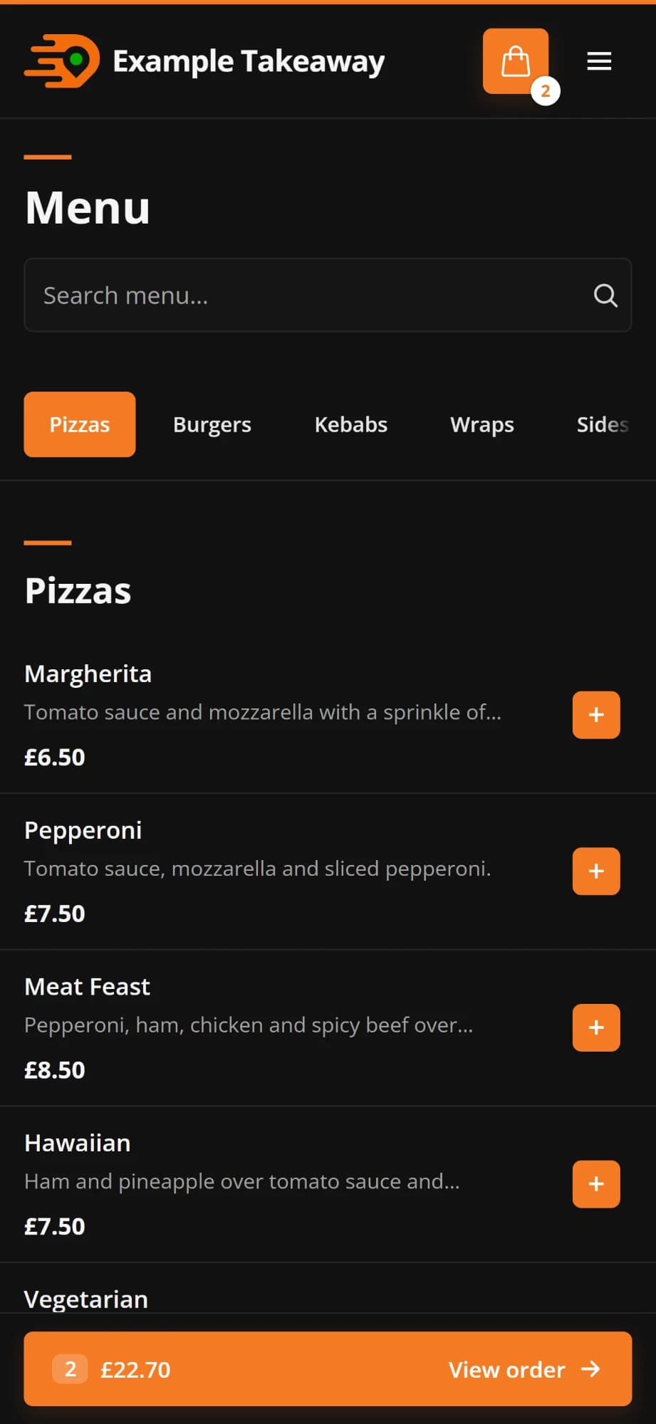 Example Takeaway mobile menu showing pizza categories and prices