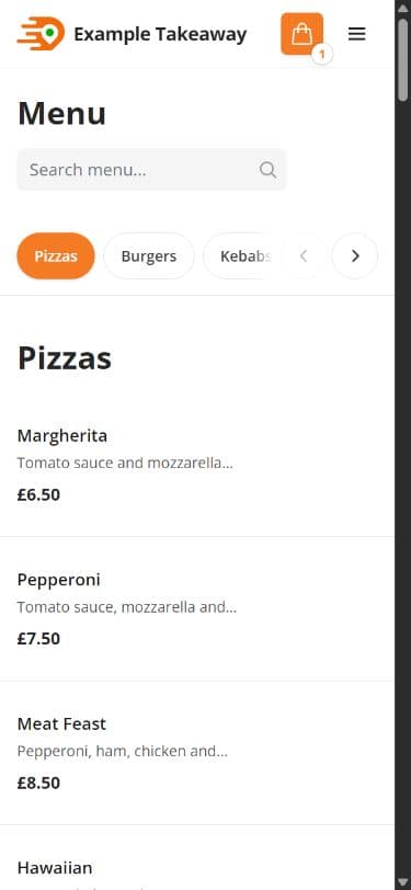 Example Takeaway mobile menu showing pizza categories and prices