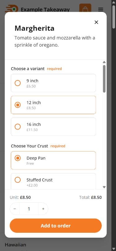 Margherita options with a selected 12-inch pizza and deep-pan crust