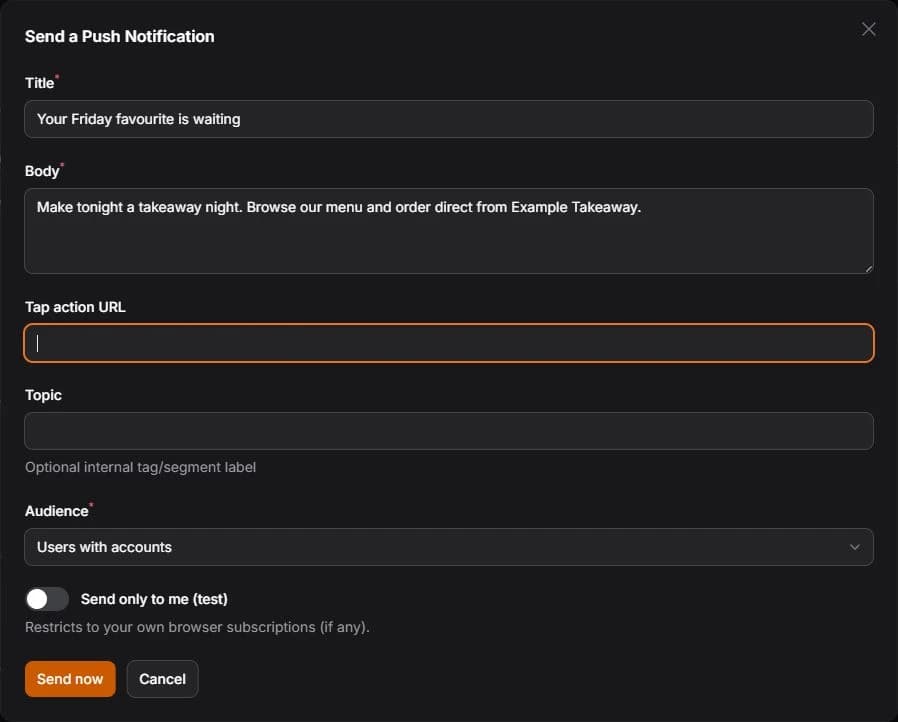 Push-notification composer with an example Friday takeaway message