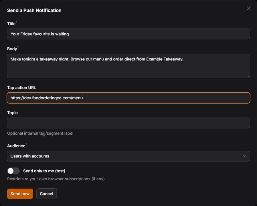 Push-notification composer with an example Friday takeaway message