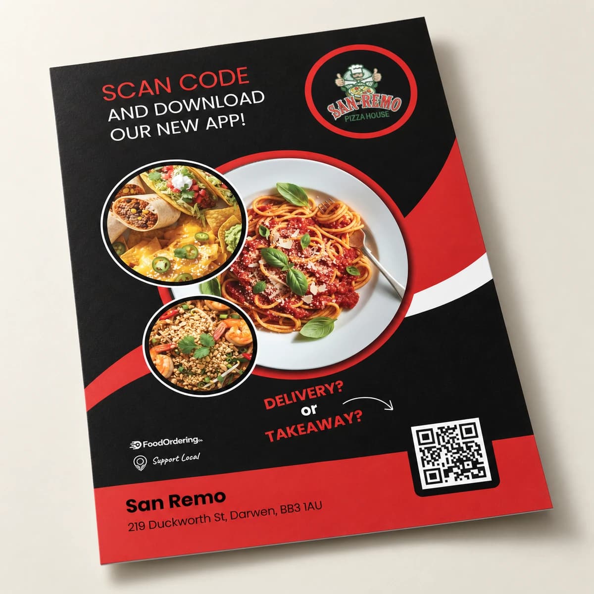 San Remo flyer with food photography, restaurant branding and a QR code to download the ordering app